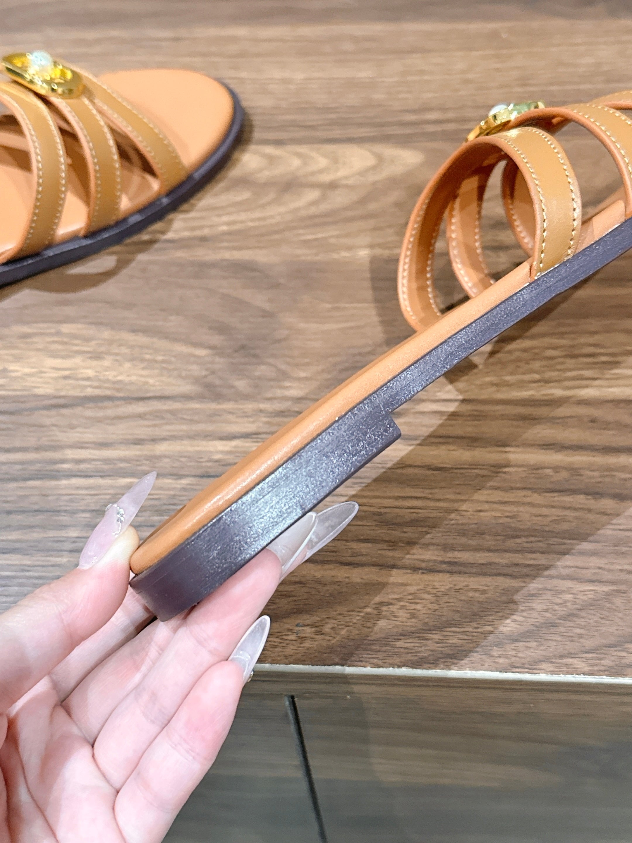DIOR 26S MULTI STRAP SLIDE SANDALS IN CARAMEL BROWN CALFSKIN GOLD BUCKLE