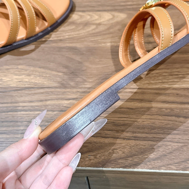 DIOR 26S MULTI STRAP SLIDE SANDALS IN CARAMEL BROWN CALFSKIN GOLD BUCKLE