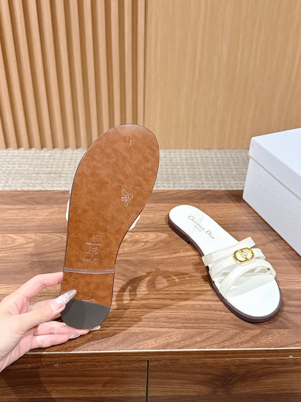 DIOR 26S MULTI STRAP SLIDE SANDALS IN WHITE CALFSKIN GOLD BUCKLE