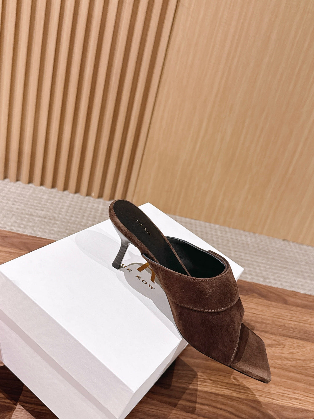 THE ROW 26S BUTTON DETAIL MULE SANDALS IN BROWN SUEDE