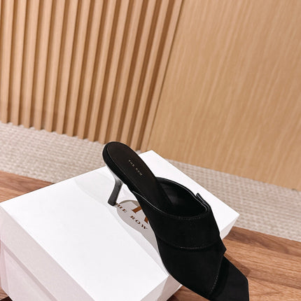 THE ROW 26S BUTTON DETAIL MULE SANDALS IN BLACK SUEDE