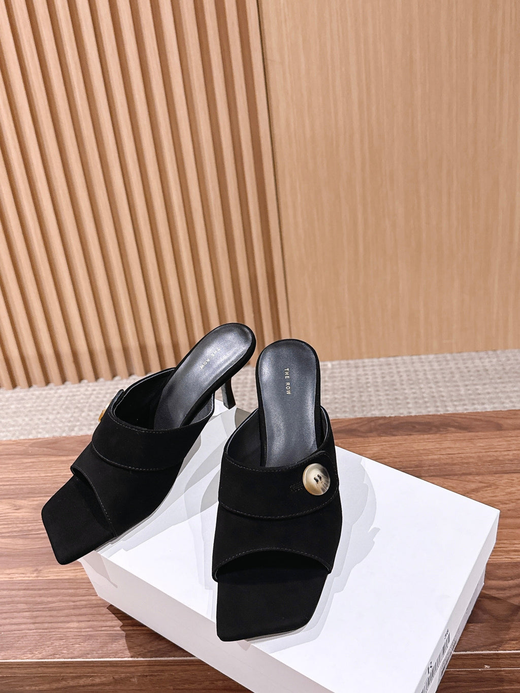 THE ROW 26S BUTTON DETAIL MULE SANDALS IN BLACK SUEDE