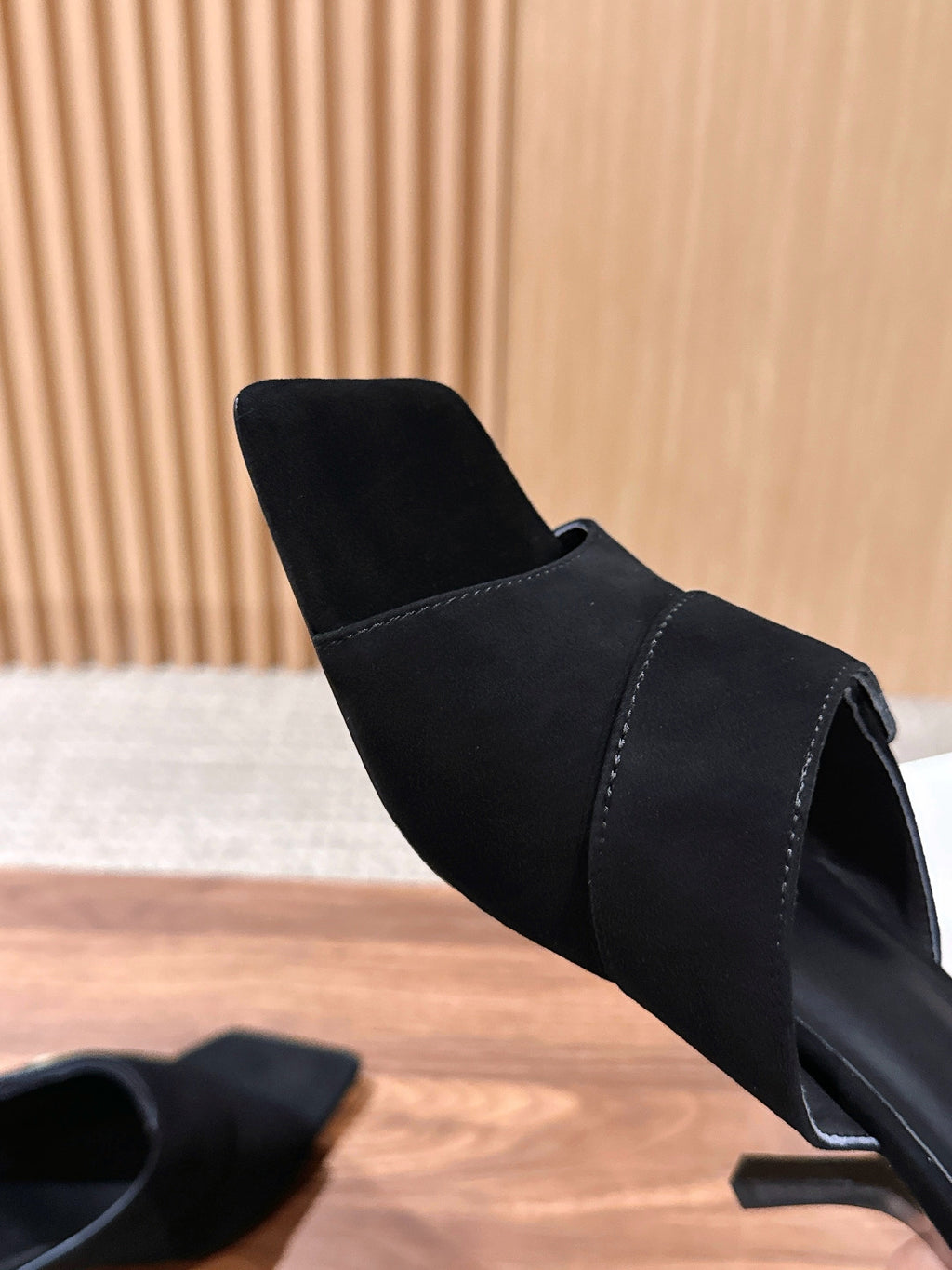 THE ROW 26S BUTTON DETAIL MULE SANDALS IN BLACK SUEDE