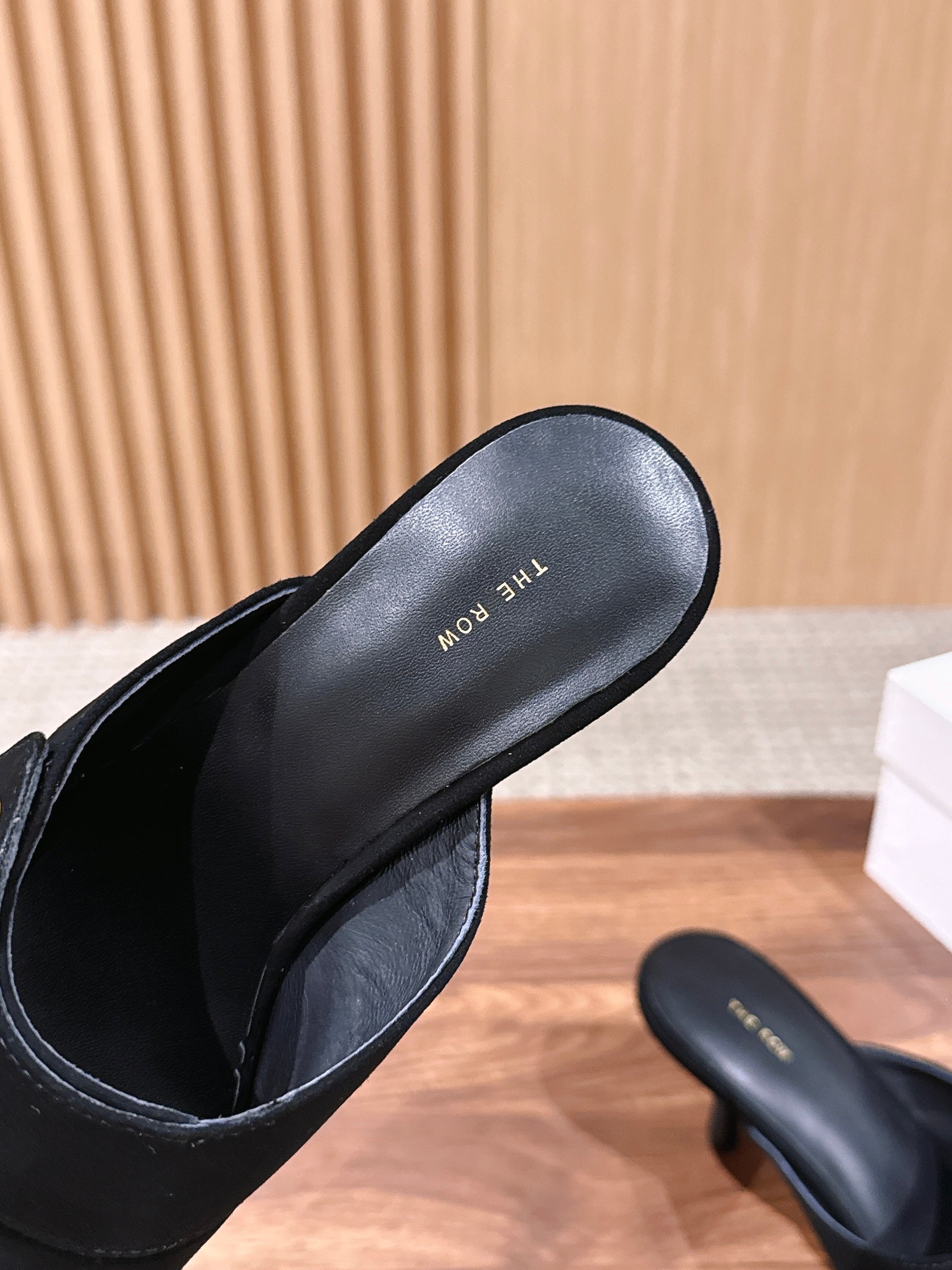THE ROW 26S BUTTON DETAIL MULE SANDALS IN BLACK SUEDE