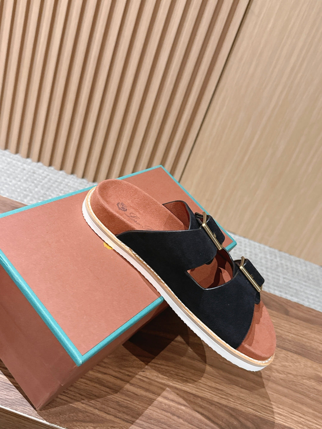 LP 26S DOUBLE BUCKLE SLIDES IN BLACK SUEDE GOLD HARDWARE