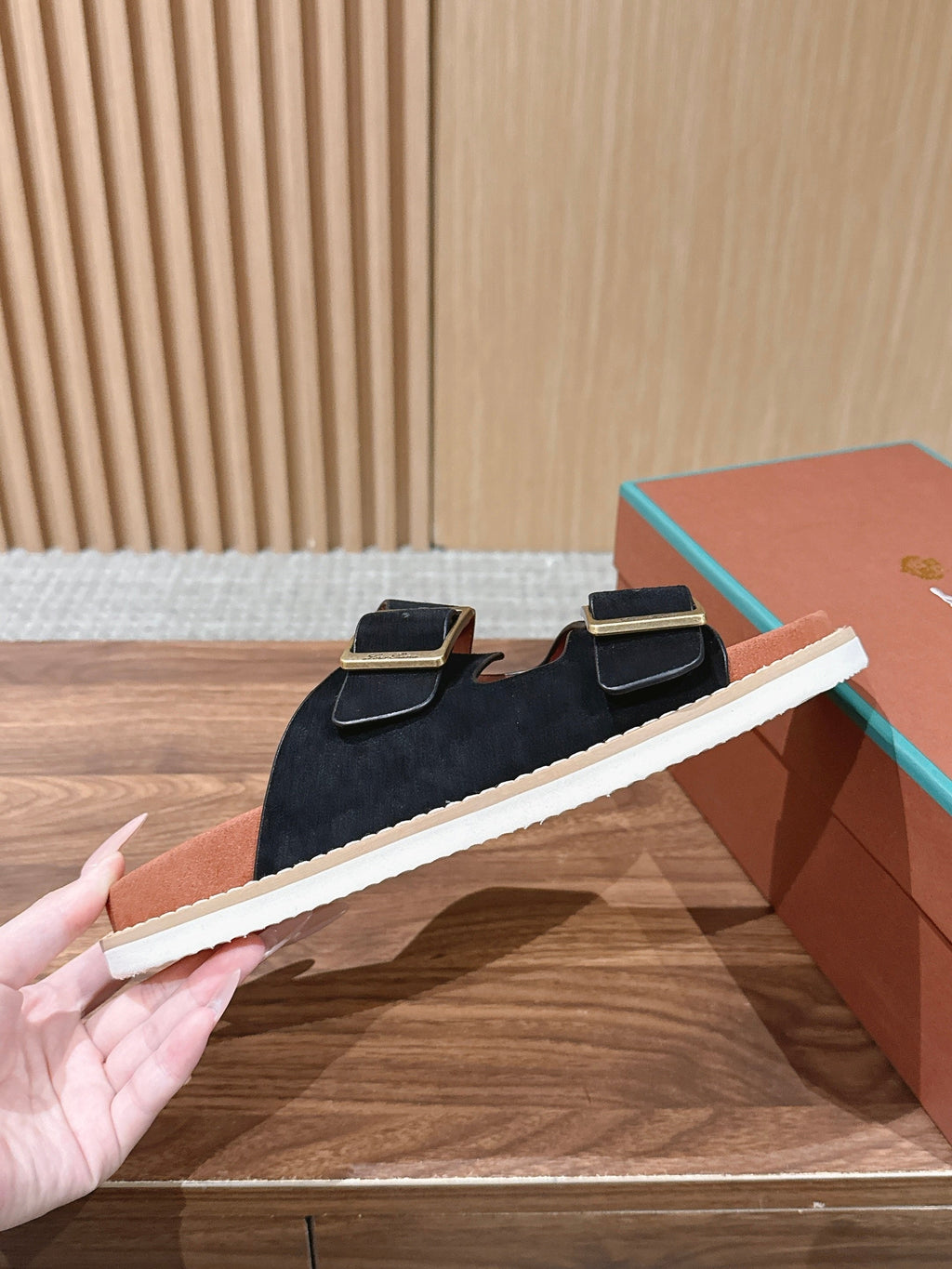 LP 26S DOUBLE BUCKLE SLIDES IN BLACK SUEDE GOLD HARDWARE