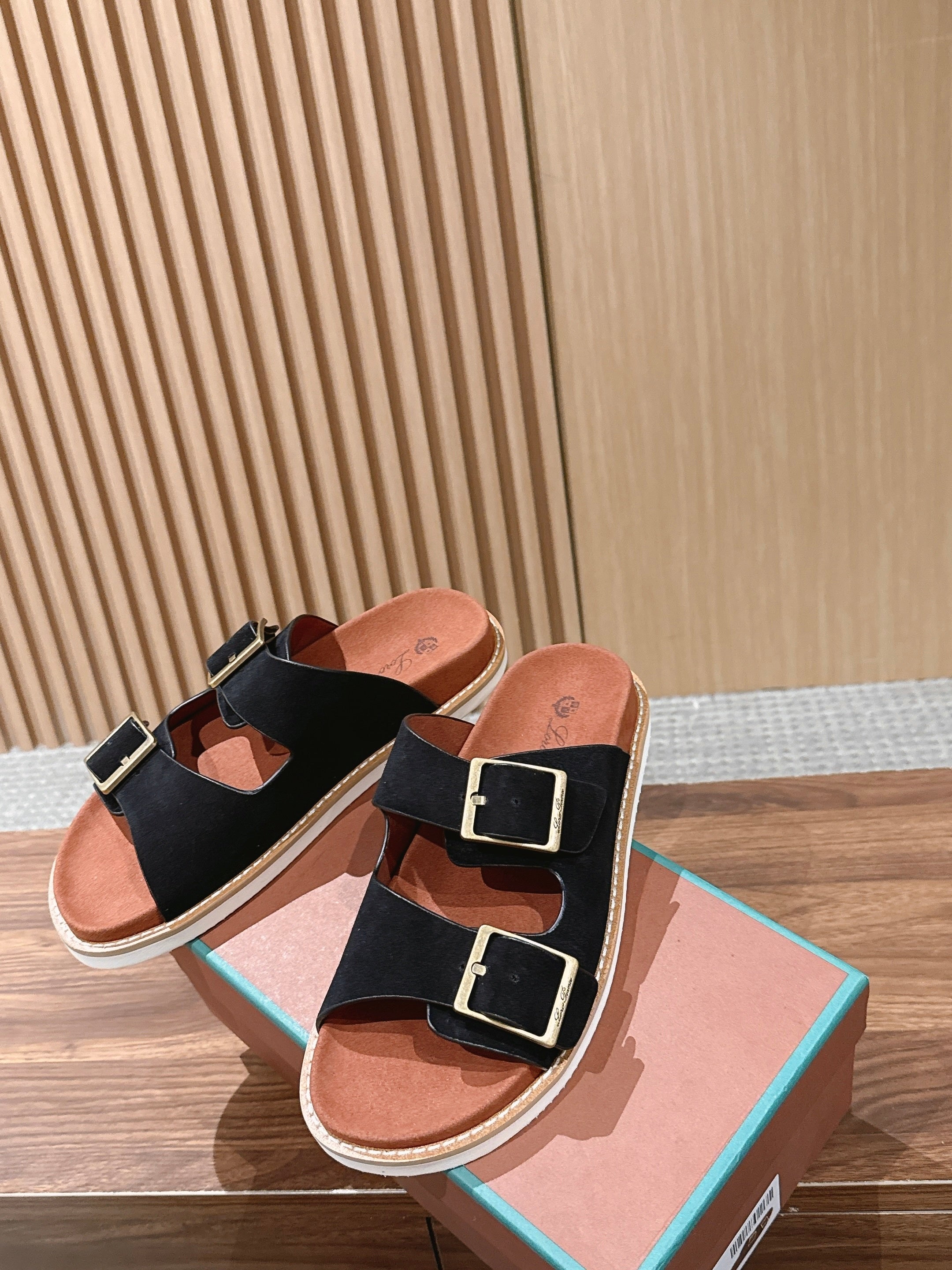 LP 26S DOUBLE BUCKLE SLIDES IN BLACK SUEDE GOLD HARDWARE