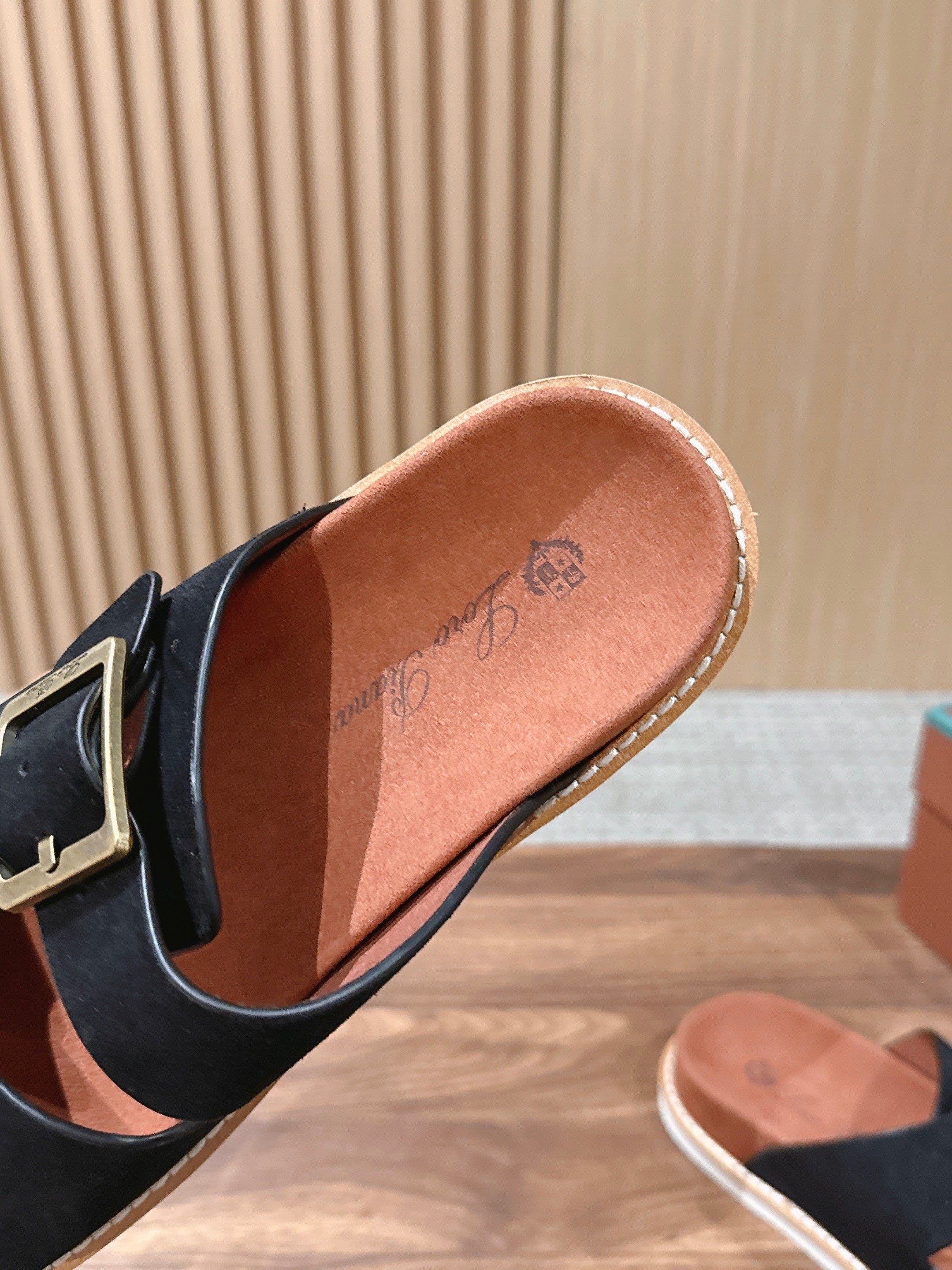 LP 26S DOUBLE BUCKLE SLIDES IN BLACK SUEDE GOLD HARDWARE
