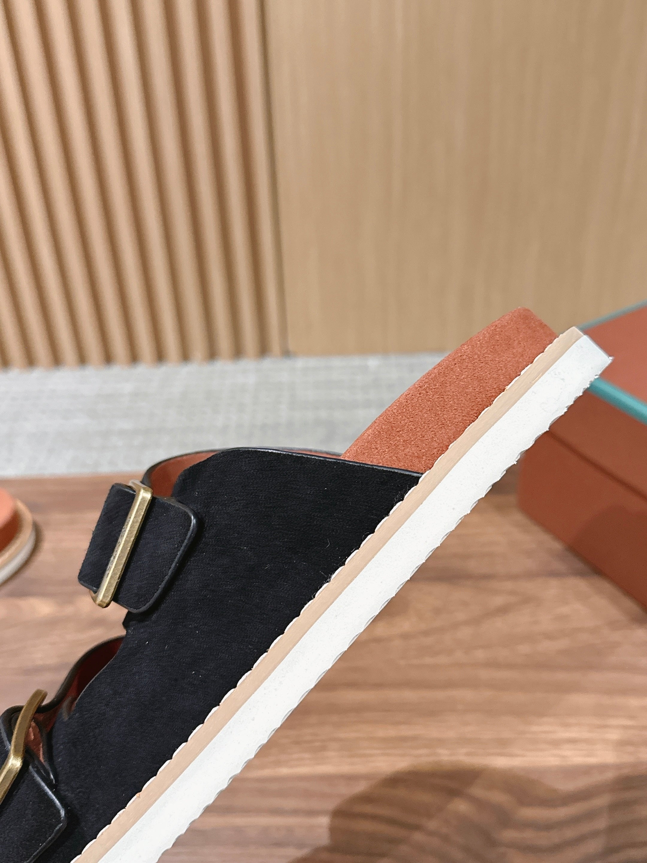 LP 26S DOUBLE BUCKLE SLIDES IN BLACK SUEDE GOLD HARDWARE
