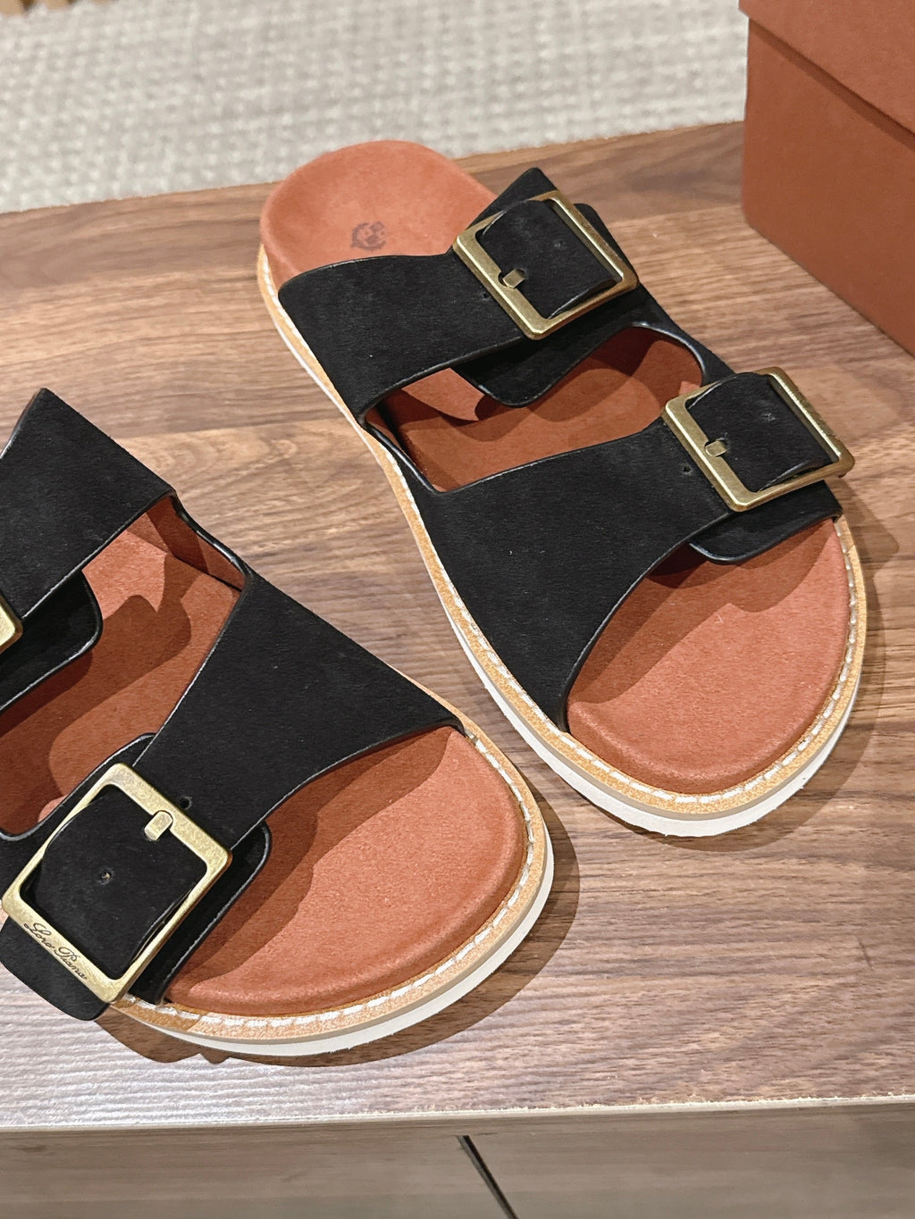 LP 26S DOUBLE BUCKLE SLIDES IN BLACK SUEDE GOLD HARDWARE