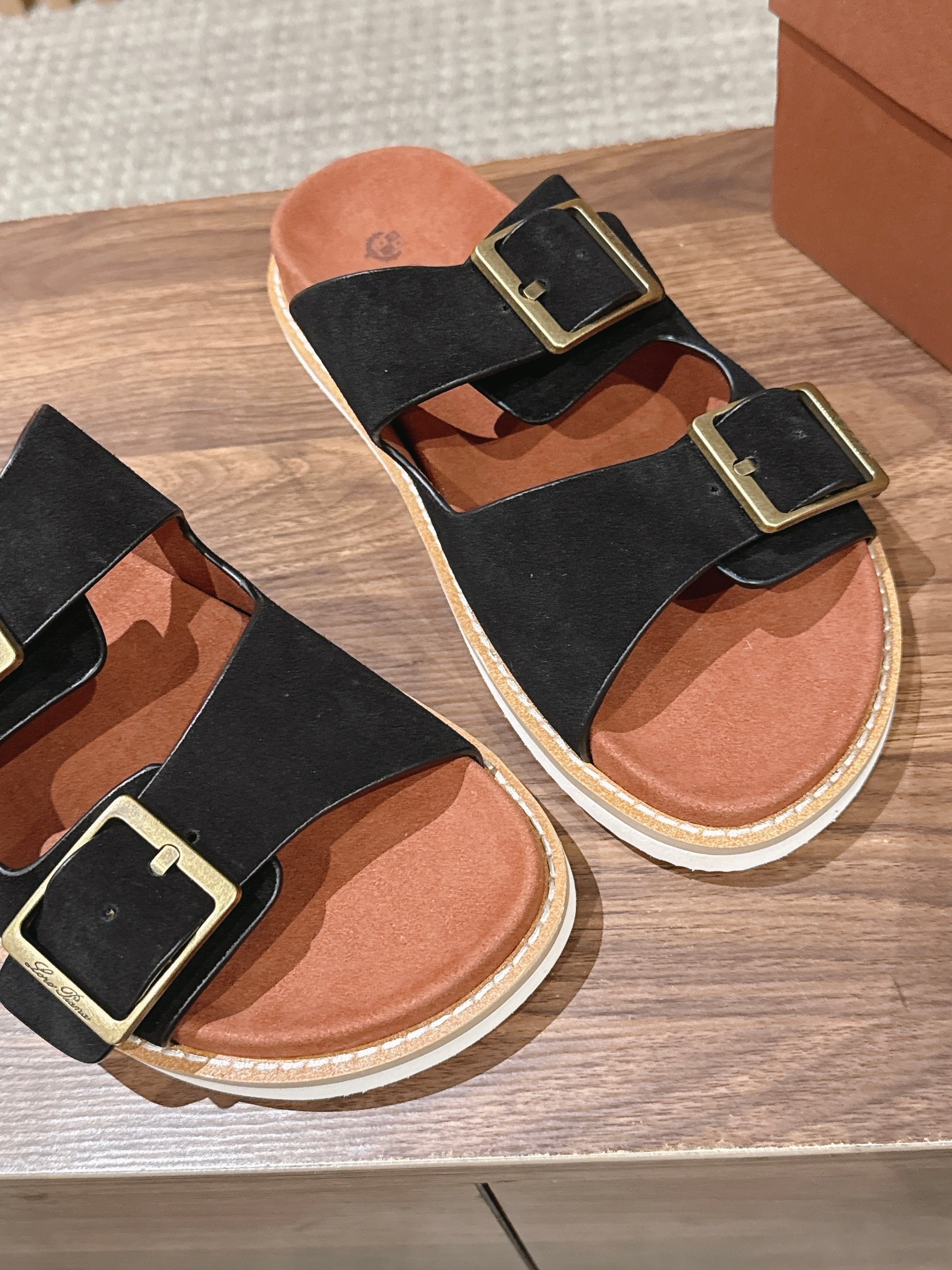 LP 26S DOUBLE BUCKLE SLIDES IN BLACK SUEDE GOLD HARDWARE