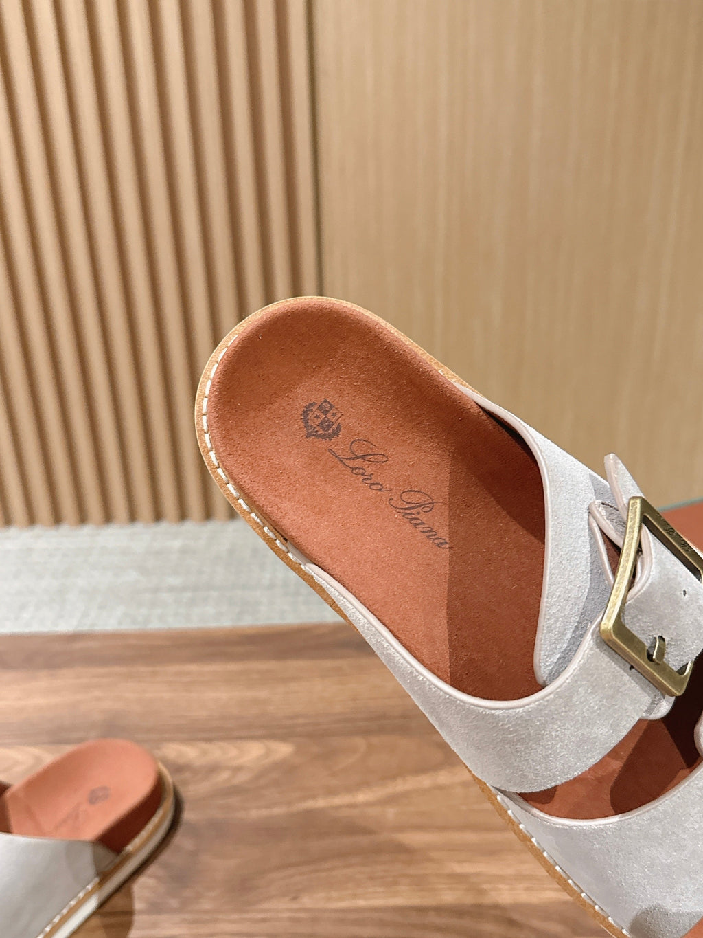 LP 26S DOUBLE BUCKLE SLIDES IN LIGHT GREY SUEDE GOLD HARDWARE