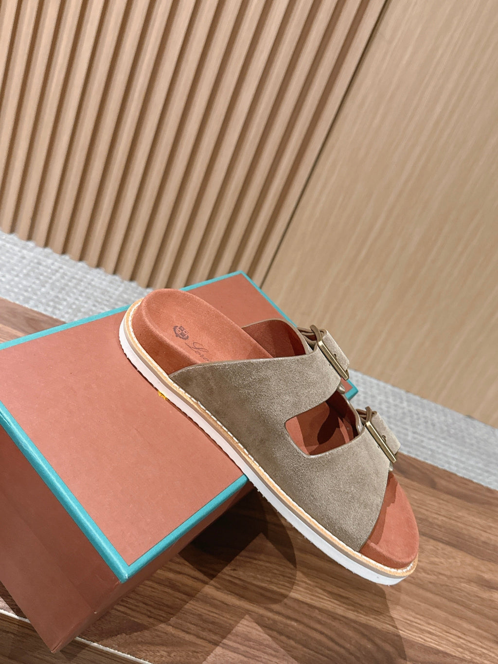 LP 26S DOUBLE BUCKLE SLIDES IN OLIVE BROWN SUEDE GOLD HARDWARE