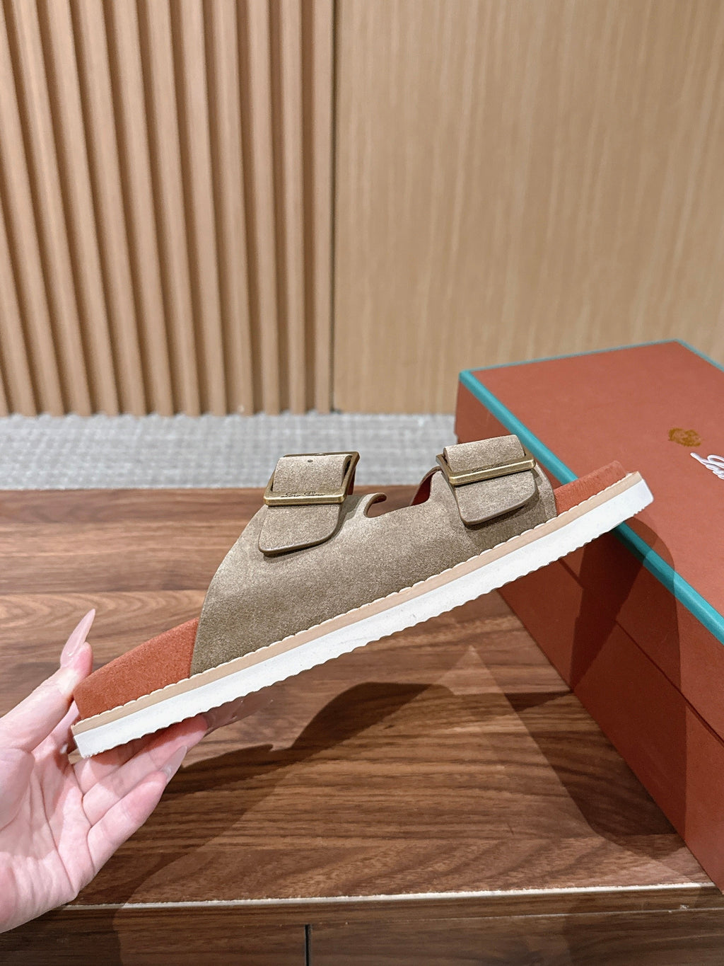 LP 26S DOUBLE BUCKLE SLIDES IN OLIVE BROWN SUEDE GOLD HARDWARE