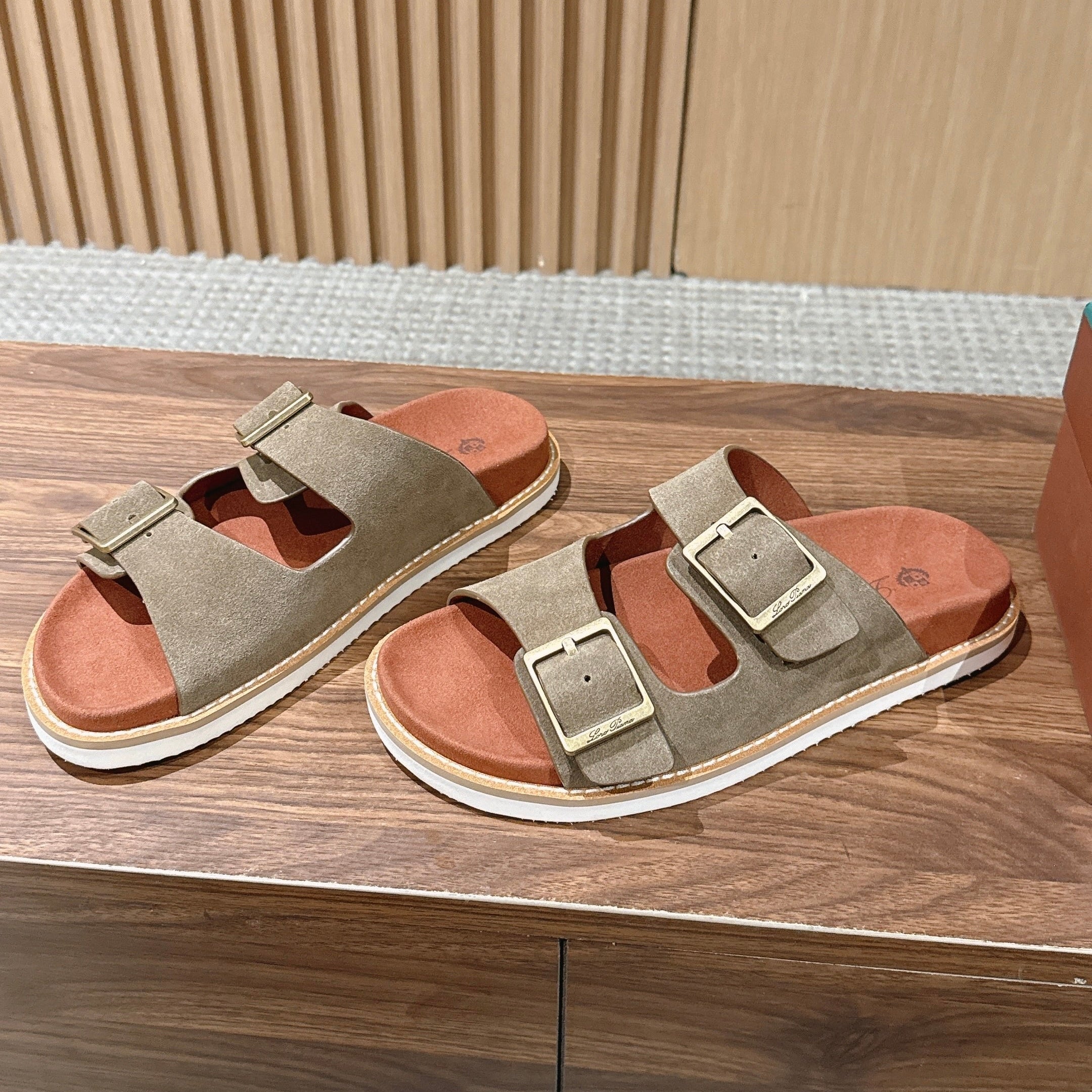 LP 26S DOUBLE BUCKLE SLIDES IN OLIVE BROWN SUEDE GOLD HARDWARE