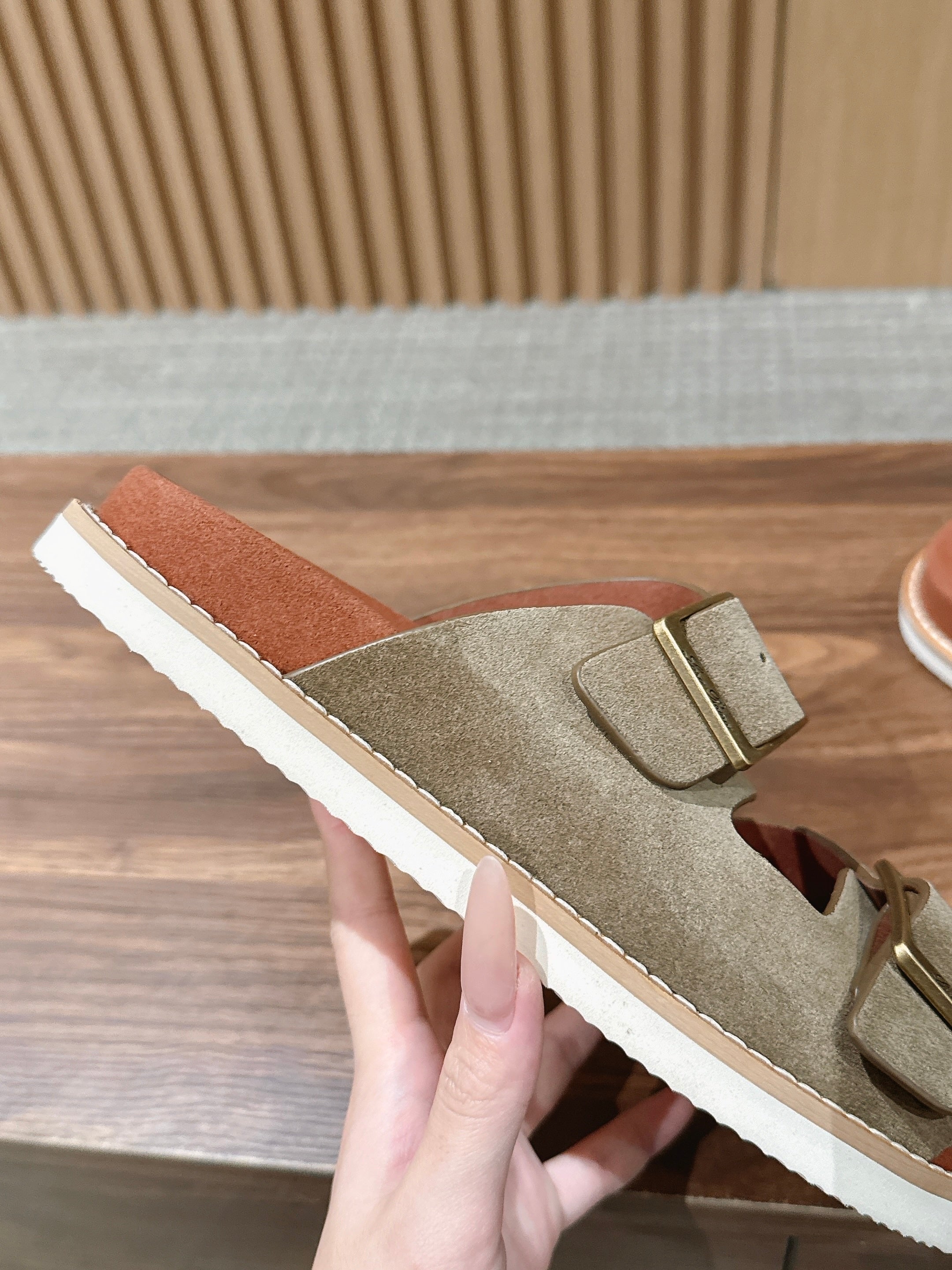 LP 26S DOUBLE BUCKLE SLIDES IN OLIVE BROWN SUEDE GOLD HARDWARE