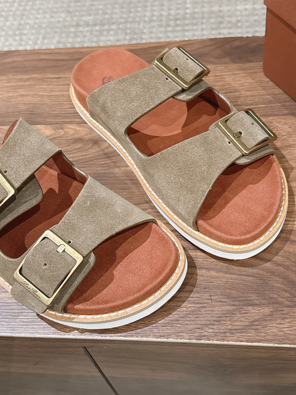 LP 26S DOUBLE BUCKLE SLIDES IN OLIVE BROWN SUEDE GOLD HARDWARE