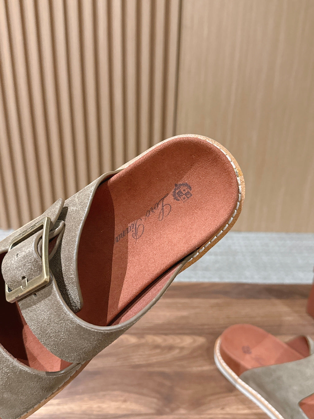 LP 26S DOUBLE BUCKLE SLIDES IN OLIVE BROWN SUEDE GOLD HARDWARE