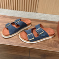 LP 26S DOUBLE BUCKLE SLIDES IN NAVY BLUE SUEDE GOLD HARDWARE