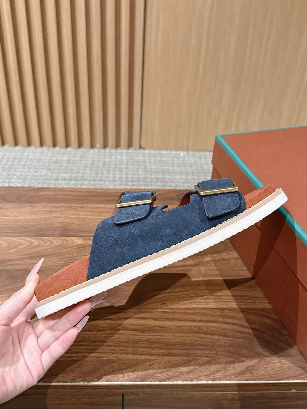 LP 26S DOUBLE BUCKLE SLIDES IN NAVY BLUE SUEDE GOLD HARDWARE