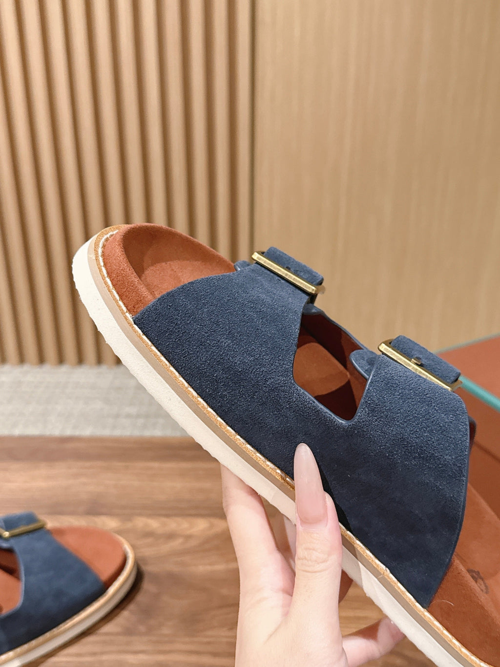 LP 26S DOUBLE BUCKLE SLIDES IN NAVY BLUE SUEDE GOLD HARDWARE