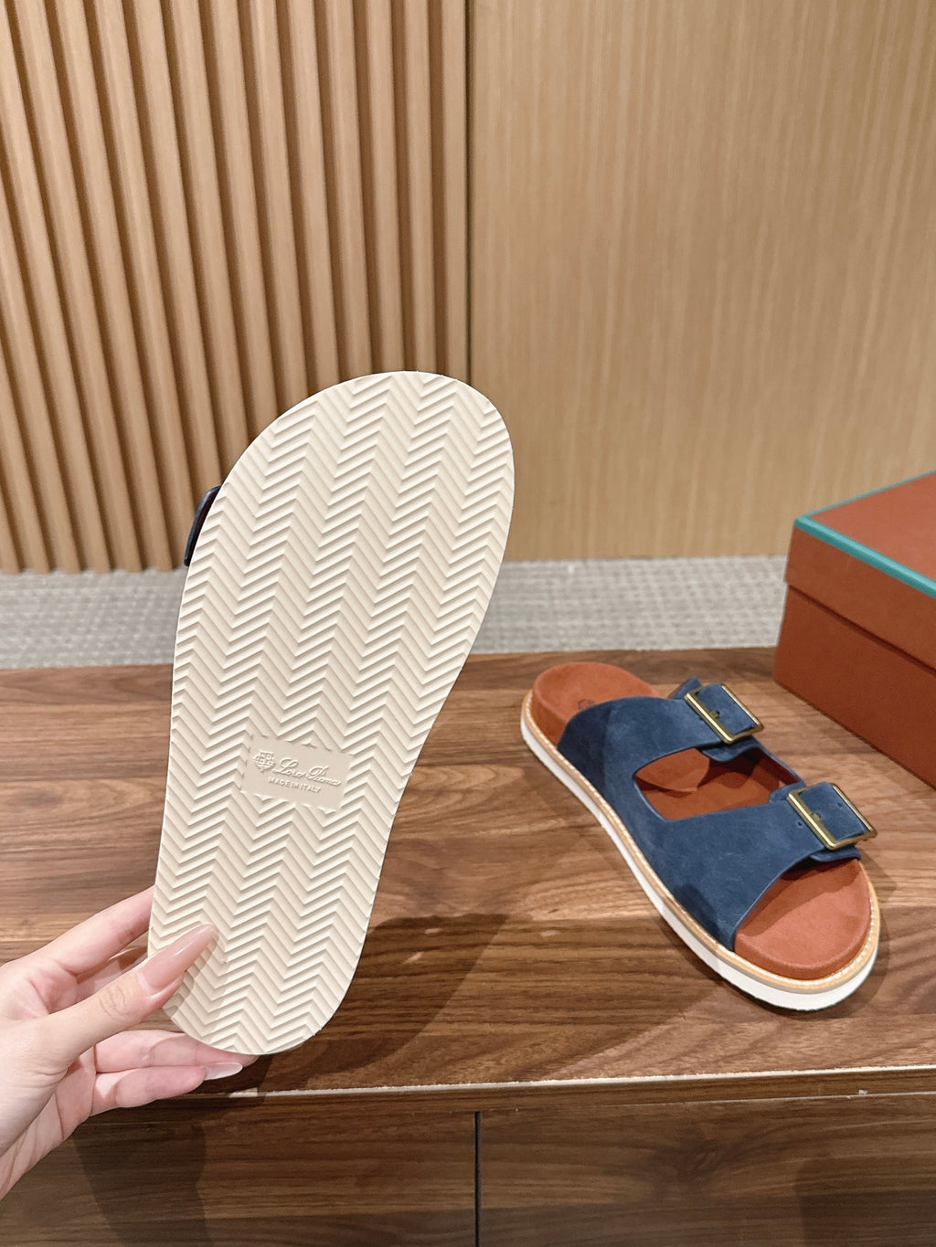 LP 26S DOUBLE BUCKLE SLIDES IN NAVY BLUE SUEDE GOLD HARDWARE