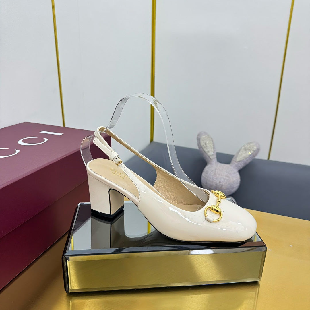 GG HIGH HEELS 65 IN CREAM WHITE GLOSSY LEATHER WITH GOLD HARDWARE
