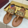 GG FLAT THONG SANDALS WITH ANKLE STRAP IN BROWN LAMBSKIN AND BEIGE FABRIC