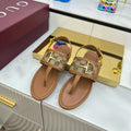 GG FLAT THONG SANDALS WITH ANKLE STRAP IN BROWN LAMBSKIN AND BEIGE FABRIC