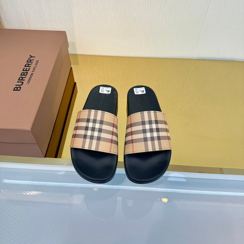 BURBERRY 26S SLIDES SANDAL IN BLACK BEIGE CALFSKIN