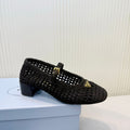 PRADA 26S LOGO PLAQUE CROCHET MARY JANE PUMPS 50MM IN BLACK WOVEN FIBER