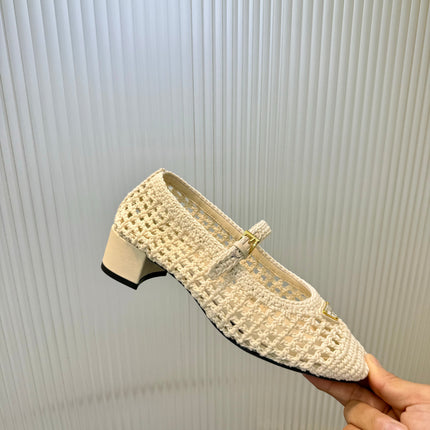 PRADA 26S LOGO PLAQUE CROCHET MARY JANE PUMPS 50MM IN IVORY WHITE WOVEN FIBER