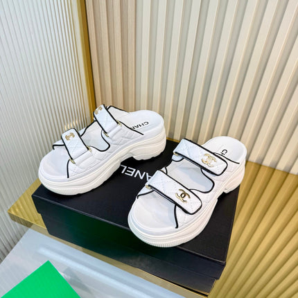CHANEL 26S PLATFORM SANDALS IN WHITE MIX BLACK LAMBSKIN