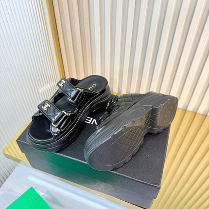 CHANEL 26S PLATFORM SANDALS IN BLACK LAMBSKIN