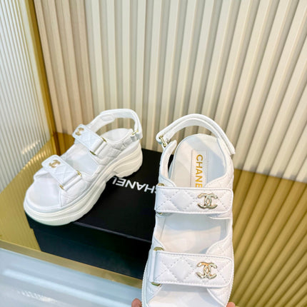CHANEL 26S PLATFORM VELCRO SANDALS IN WHITE LAMBSKIN