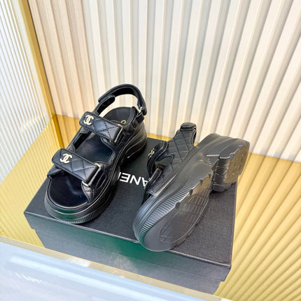 CHANEL 26S PLATFORM VELCRO SANDALS IN BLACK LAMBSKIN