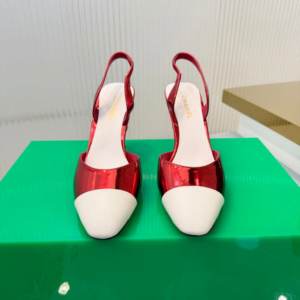 CHANEL 26S SLINGBACK POINTED-TOE HEELS 95 MM IN RED PATENT WITH WHITE CAP TOE