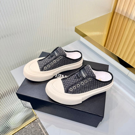 CHANEL 26S MULE SNEAKERS IN BLACK CHECKERED WOVEN DENIM FABRIC STYLE 5