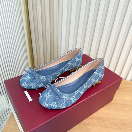 GUCCI 26S BALLET FLATS IN BLUE DENIM WITH GG LOGO PATTERN