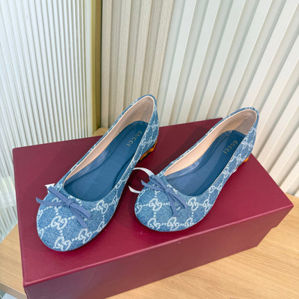 GUCCI 26S BALLET FLATS IN BLUE DENIM WITH GG LOGO PATTERN