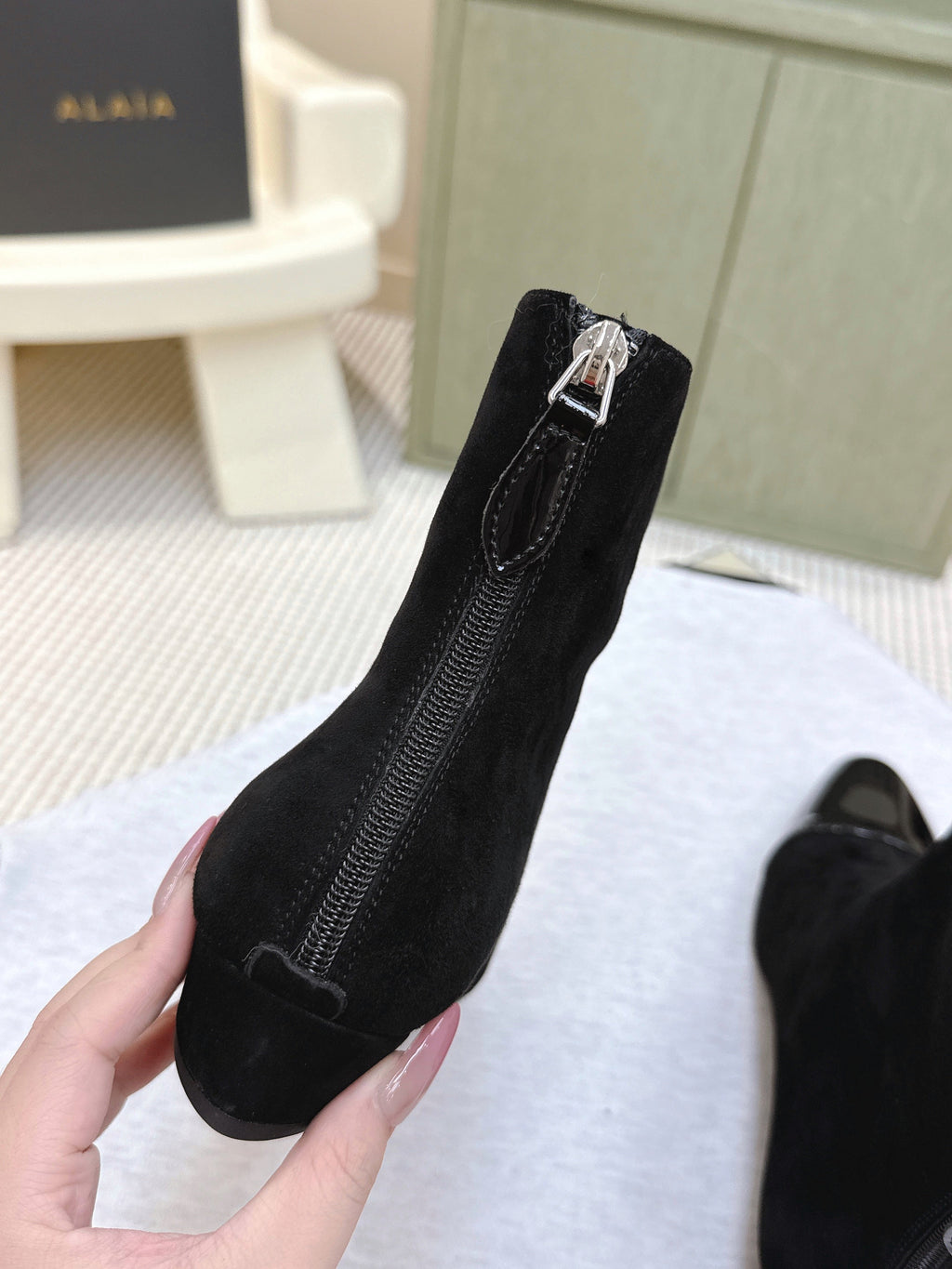 ALAIA 26S ANKLE BOOTS IN BLACK SUEDE AND GLOSSY CALFSKIN