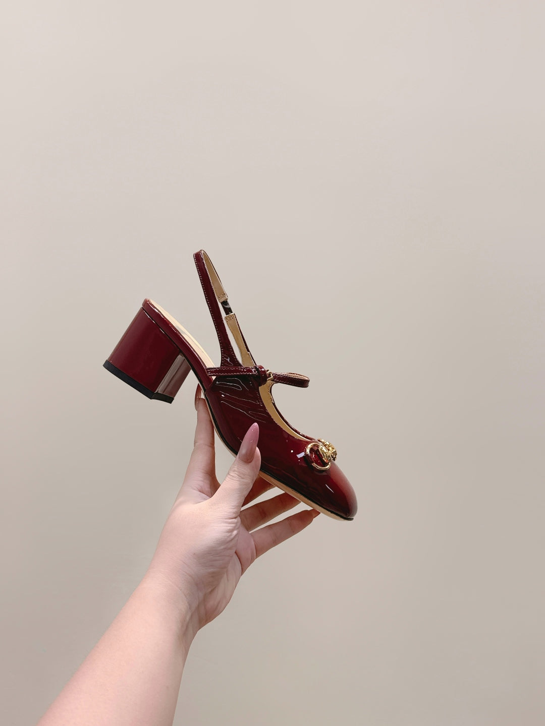 GG HORSEBIT SLINGBACK IN BURGUNDY RED SHINY CALFSKIN