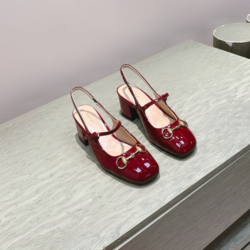 GG HORSEBIT SLINGBACK IN BURGUNDY RED SHINY CALFSKIN