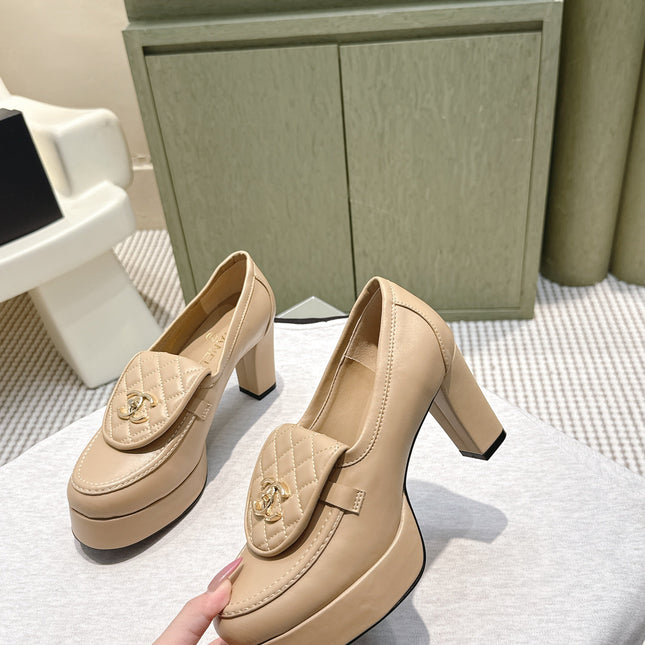 CHANEL 25S HIGH-HEELED MOCCASINS 80MM IN LIGHT TAN CALFSKIN GOLD HARDWARE