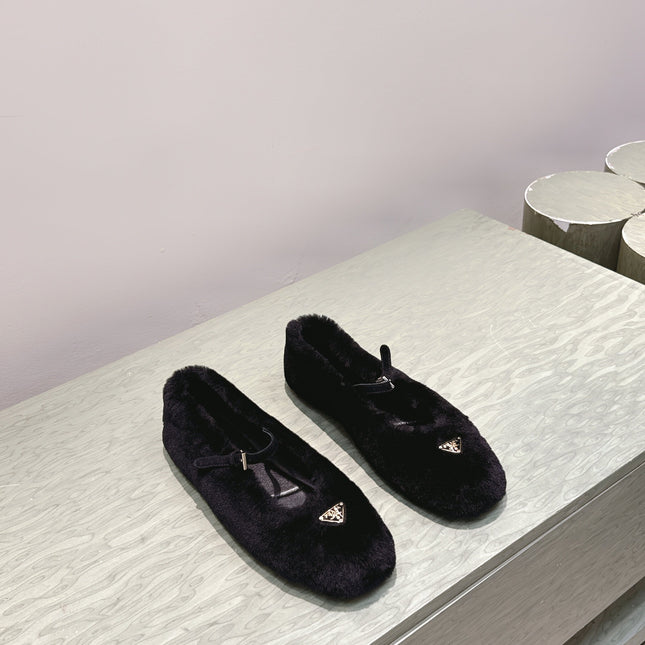 PRADA 25S MARY JANE BALLET FLATS IN BLACK FUR