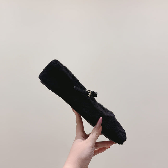 PRADA 25S MARY JANE BALLET FLATS IN BLACK FUR