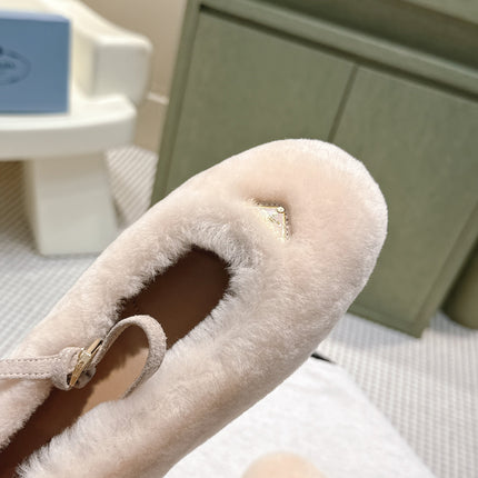 PRADA 25S MARY JANE BALLET FLATS IN LIGHT BEIGE FUR
