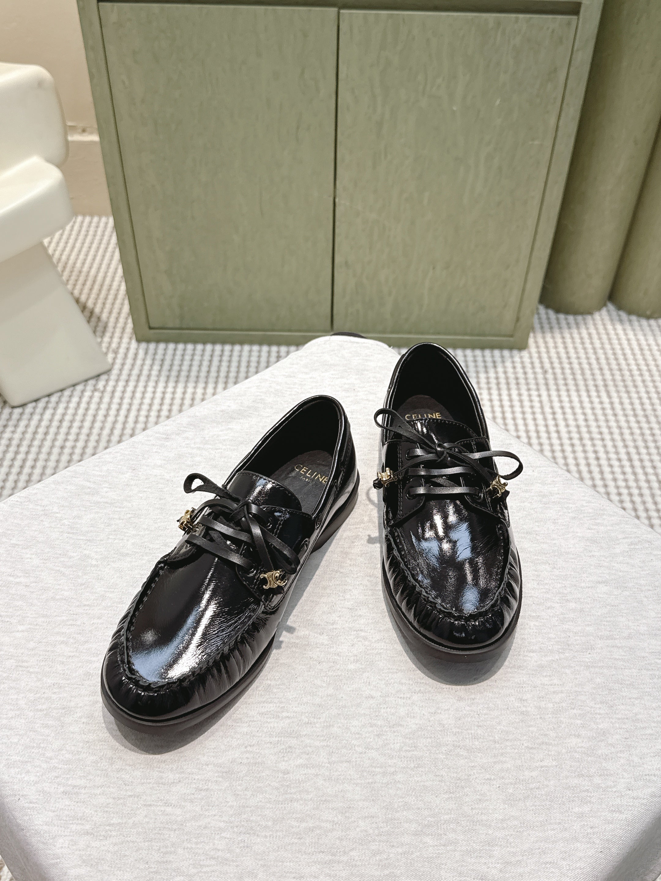 CELINE 26S LACE-UP LOAFERS IN BLACK GLOSSY CALFSKIN