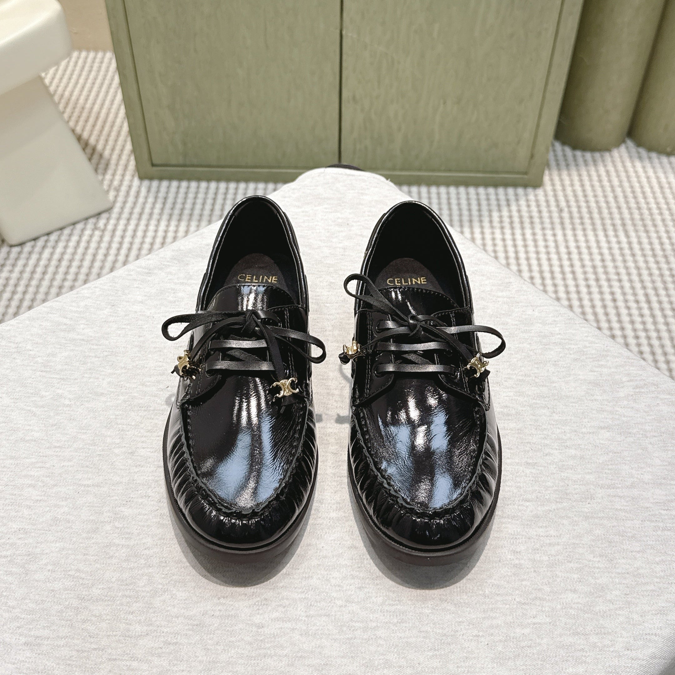 CELINE 26S LACE-UP LOAFERS IN BLACK GLOSSY CALFSKIN