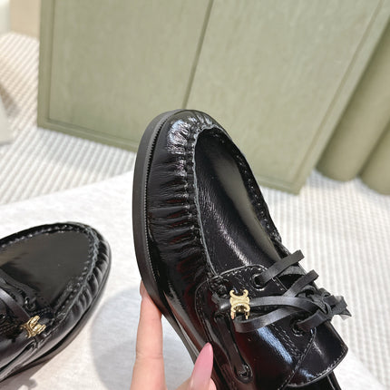 CELINE 26S LACE-UP LOAFERS IN BLACK GLOSSY CALFSKIN